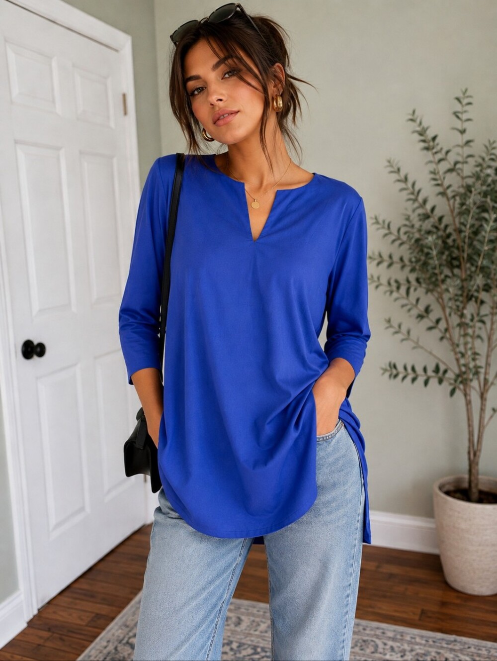 Isaac Mizrahi Women's Royal Blue Tunic Blouse Split Neck Minimalist Size M